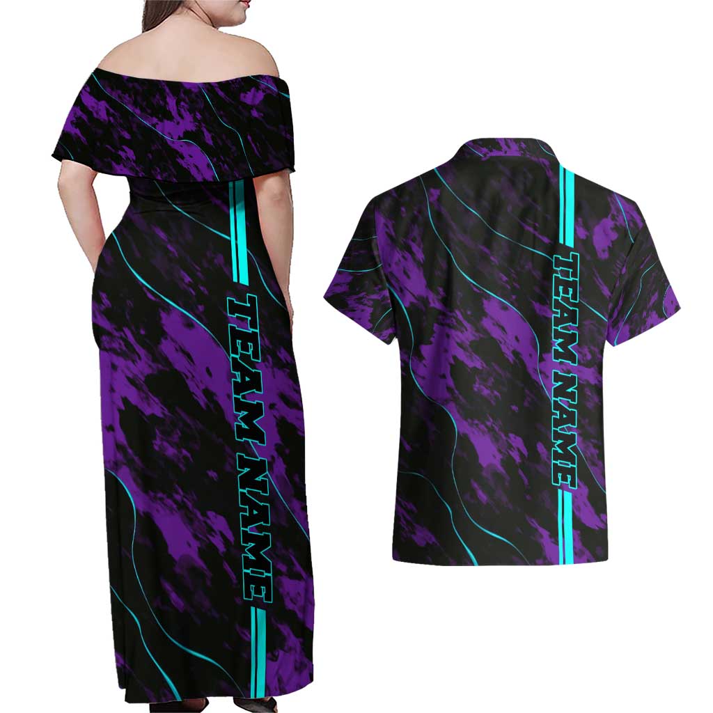 Strike Bowling Graphic Couples Matching Off Shoulder Maxi Dress and Hawaiian Shirt with Purple Black Marble Texture and Custom Team Name - Wonder Print Shop