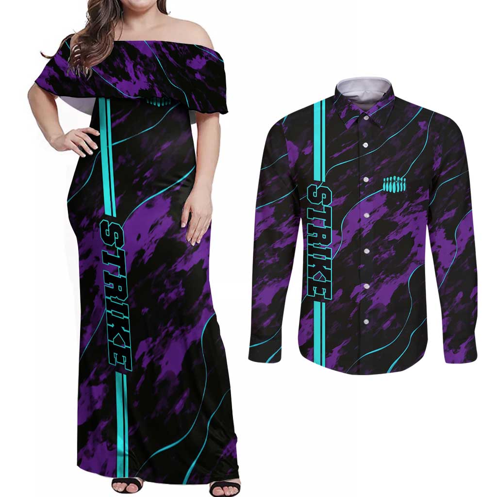Strike Bowling Graphic Couples Matching Off Shoulder Maxi Dress and Long Sleeve Button Shirt with Purple Black Marble Texture and Custom Team Name - Wonder Print Shop