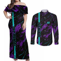 Strike Bowling Graphic Couples Matching Off Shoulder Maxi Dress and Long Sleeve Button Shirt with Purple Black Marble Texture and Custom Team Name - Wonder Print Shop