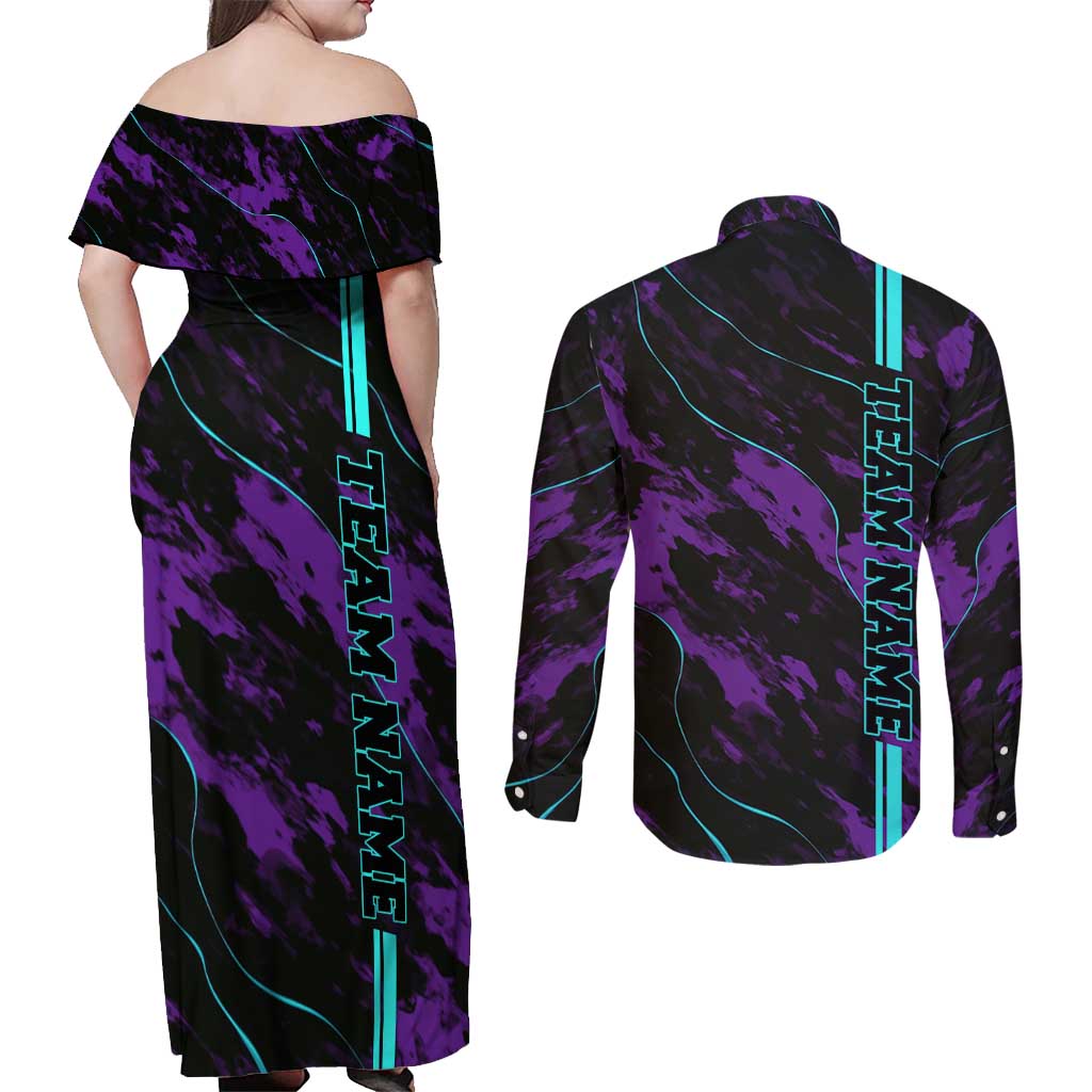 Strike Bowling Graphic Couples Matching Off Shoulder Maxi Dress and Long Sleeve Button Shirt with Purple Black Marble Texture and Custom Team Name - Wonder Print Shop