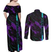 Strike Bowling Graphic Couples Matching Off Shoulder Maxi Dress and Long Sleeve Button Shirt with Purple Black Marble Texture and Custom Team Name - Wonder Print Shop