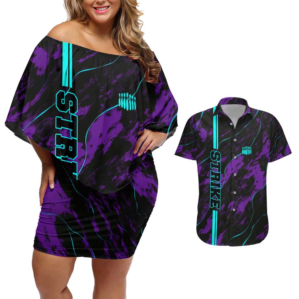 Strike Bowling Graphic Couples Matching Off Shoulder Short Dress and Hawaiian Shirt with Purple Black Marble Texture and Custom Team Name - Wonder Print Shop