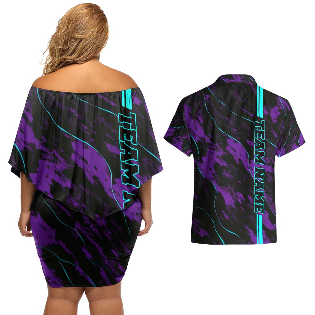 Strike Bowling Graphic Couples Matching Off Shoulder Short Dress and Hawaiian Shirt with Purple Black Marble Texture and Custom Team Name - Wonder Print Shop