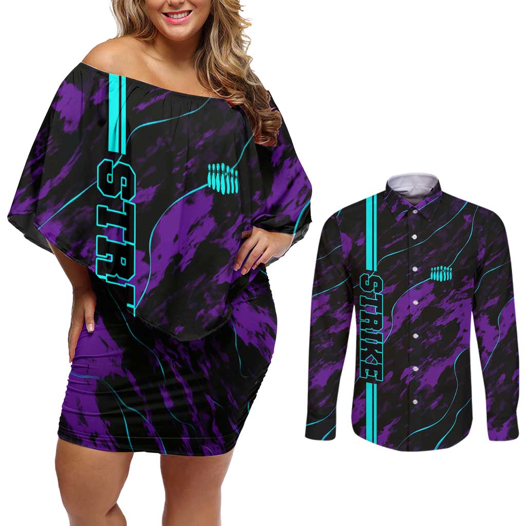 Strike Bowling Graphic Couples Matching Off Shoulder Short Dress and Long Sleeve Button Shirt with Purple Black Marble Texture and Custom Team Name - Wonder Print Shop