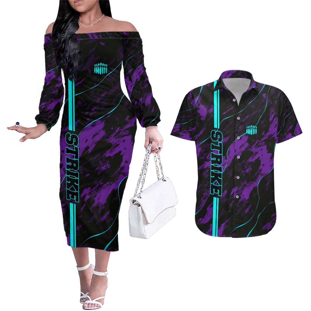 Strike Bowling Graphic Couples Matching Off The Shoulder Long Sleeve Dress and Hawaiian Shirt with Purple Black Marble Texture and Custom Team Name - Wonder Print Shop
