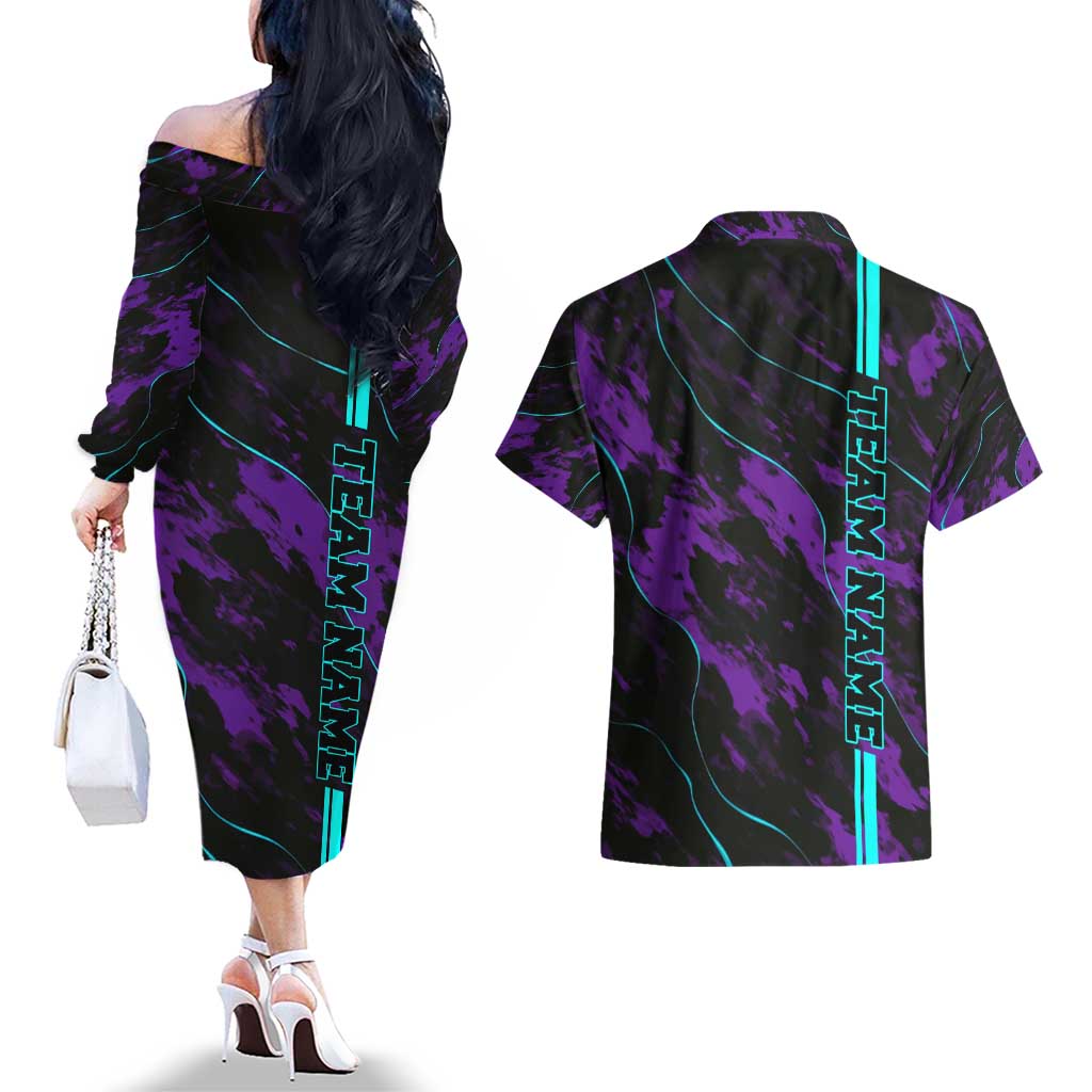 Strike Bowling Graphic Couples Matching Off The Shoulder Long Sleeve Dress and Hawaiian Shirt with Purple Black Marble Texture and Custom Team Name - Wonder Print Shop