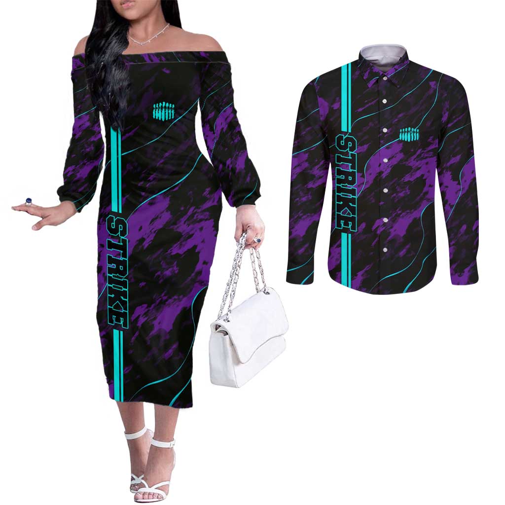 Strike Bowling Graphic Couples Matching Off The Shoulder Long Sleeve Dress and Long Sleeve Button Shirt with Purple Black Marble Texture and Custom Team Name - Wonder Print Shop