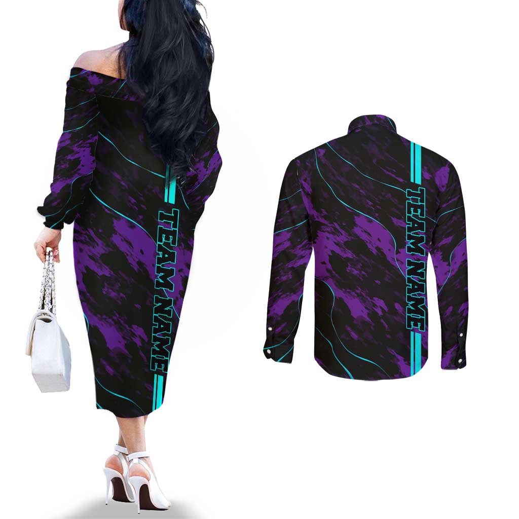 Strike Bowling Graphic Couples Matching Off The Shoulder Long Sleeve Dress and Long Sleeve Button Shirt with Purple Black Marble Texture and Custom Team Name - Wonder Print Shop