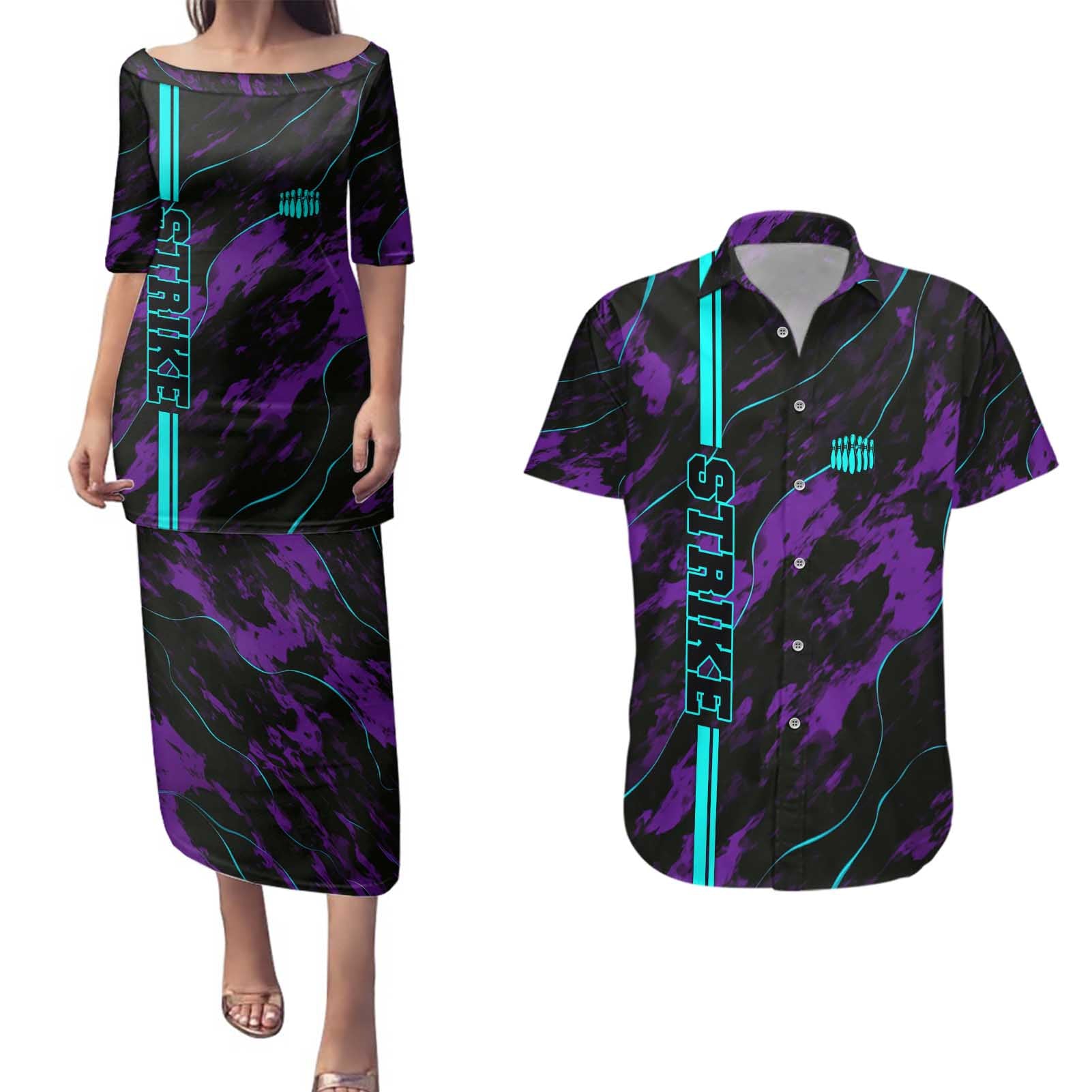 Strike Bowling Graphic Couples Matching Puletasi and Hawaiian Shirt with Purple Black Marble Texture and Custom Team Name - Wonder Print Shop