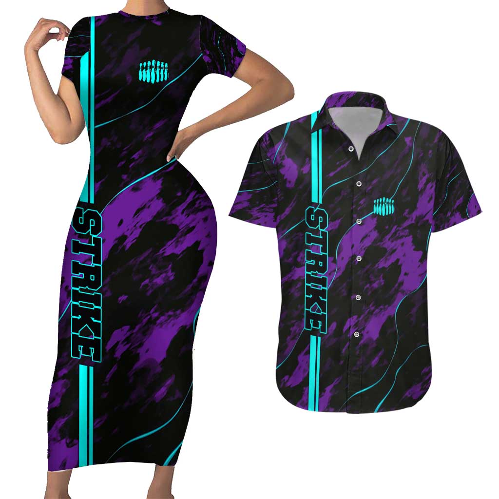 Strike Bowling Graphic Couples Matching Short Sleeve Bodycon Dress and Hawaiian Shirt with Purple Black Marble Texture and Custom Team Name - Wonder Print Shop