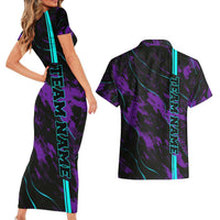 Strike Bowling Graphic Couples Matching Short Sleeve Bodycon Dress and Hawaiian Shirt with Purple Black Marble Texture and Custom Team Name - Wonder Print Shop