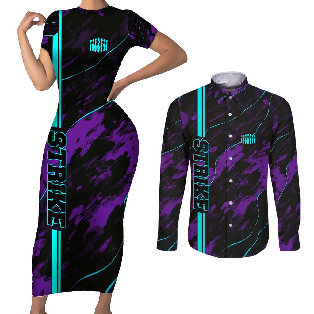 Strike Bowling Graphic Couples Matching Short Sleeve Bodycon Dress and Long Sleeve Button Shirt with Purple Black Marble Texture and Custom Team Name - Wonder Print Shop