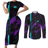 Strike Bowling Graphic Couples Matching Short Sleeve Bodycon Dress and Long Sleeve Button Shirt with Purple Black Marble Texture and Custom Team Name - Wonder Print Shop