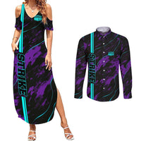 Strike Bowling Graphic Couples Matching Summer Maxi Dress and Long Sleeve Button Shirt with Purple Black Marble Texture and Custom Team Name - Wonder Print Shop