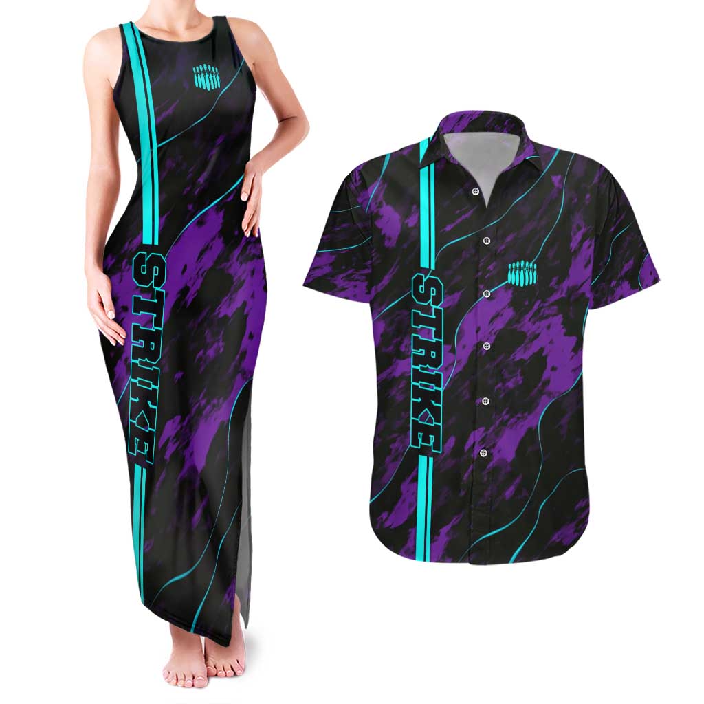 Strike Bowling Graphic Couples Matching Tank Maxi Dress and Hawaiian Shirt with Purple Black Marble Texture and Custom Team Name - Wonder Print Shop