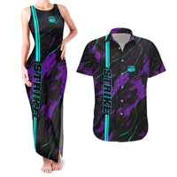 Strike Bowling Graphic Couples Matching Tank Maxi Dress and Hawaiian Shirt with Purple Black Marble Texture and Custom Team Name - Wonder Print Shop