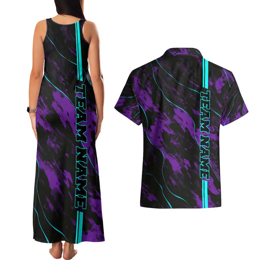 Strike Bowling Graphic Couples Matching Tank Maxi Dress and Hawaiian Shirt with Purple Black Marble Texture and Custom Team Name - Wonder Print Shop