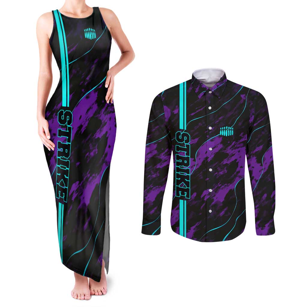 Strike Bowling Graphic Couples Matching Tank Maxi Dress and Long Sleeve Button Shirt with Purple Black Marble Texture and Custom Team Name - Wonder Print Shop