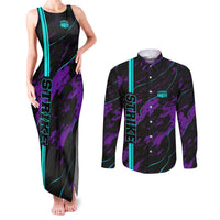 Strike Bowling Graphic Couples Matching Tank Maxi Dress and Long Sleeve Button Shirt with Purple Black Marble Texture and Custom Team Name - Wonder Print Shop