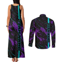 Strike Bowling Graphic Couples Matching Tank Maxi Dress and Long Sleeve Button Shirt with Purple Black Marble Texture and Custom Team Name - Wonder Print Shop