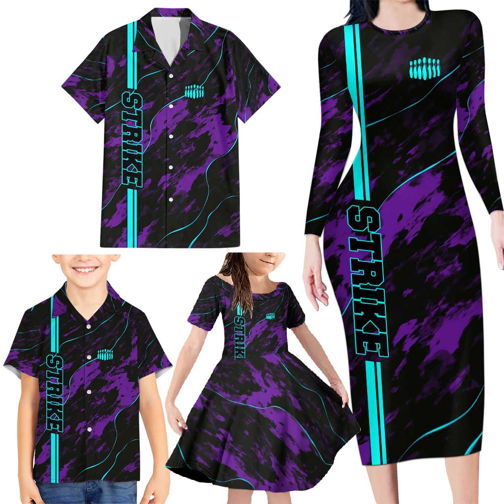 Strike Bowling Graphic Family Matching Long Sleeve Bodycon Dress and Hawaiian Shirt with Purple Black Marble Texture and Custom Team Name - Wonder Print Shop