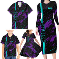 Strike Bowling Graphic Family Matching Long Sleeve Bodycon Dress and Hawaiian Shirt with Purple Black Marble Texture and Custom Team Name - Wonder Print Shop
