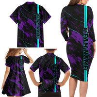 Strike Bowling Graphic Family Matching Long Sleeve Bodycon Dress and Hawaiian Shirt with Purple Black Marble Texture and Custom Team Name - Wonder Print Shop