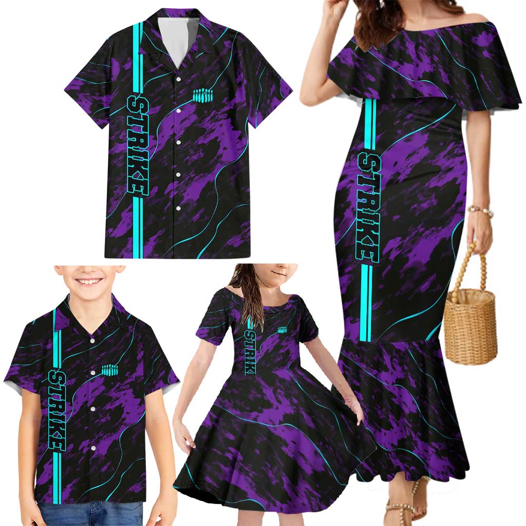 Strike Bowling Graphic Family Matching Mermaid Dress and Hawaiian Shirt with Purple Black Marble Texture and Custom Team Name - Wonder Print Shop
