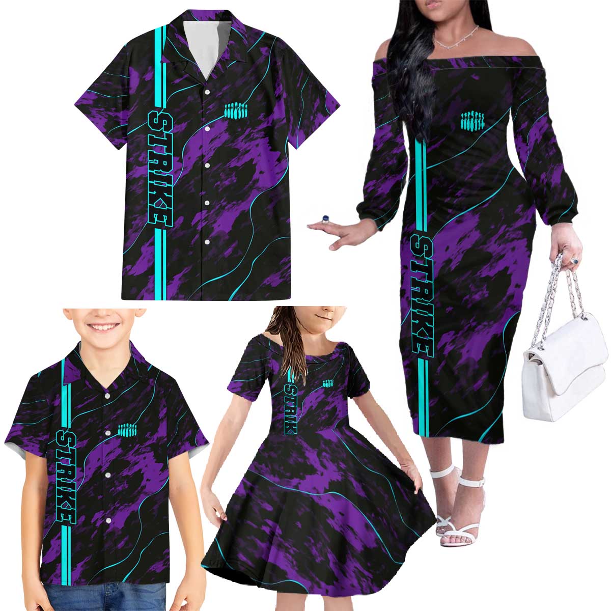 Strike Bowling Graphic Family Matching Off The Shoulder Long Sleeve Dress and Hawaiian Shirt with Purple Black Marble Texture and Custom Team Name - Wonder Print Shop