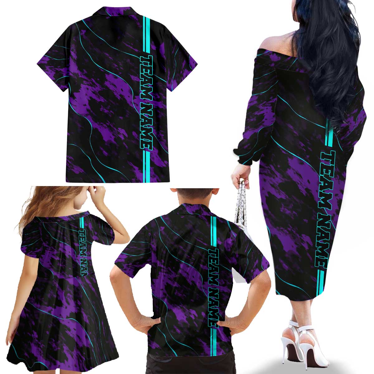 Strike Bowling Graphic Family Matching Off The Shoulder Long Sleeve Dress and Hawaiian Shirt with Purple Black Marble Texture and Custom Team Name - Wonder Print Shop