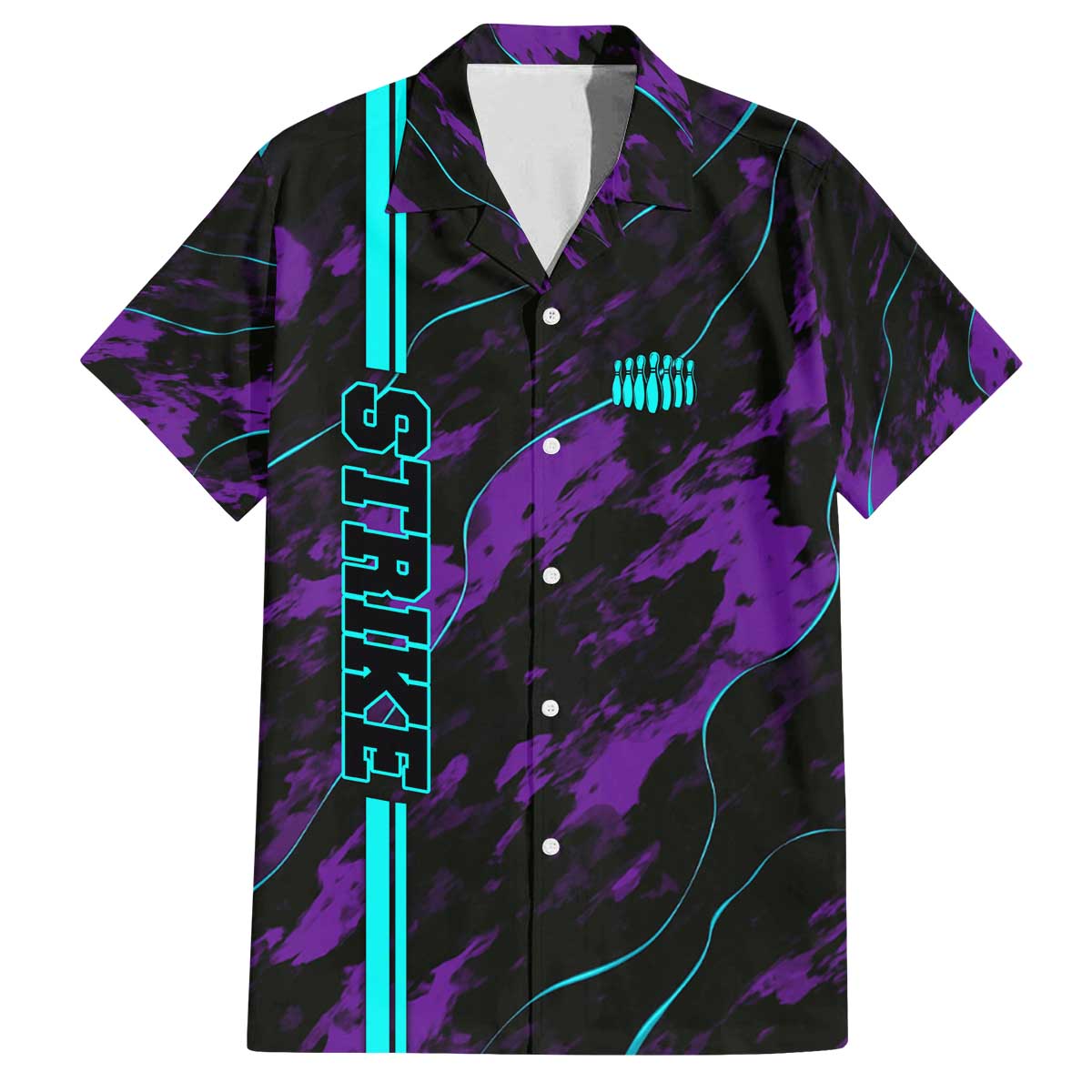 Strike Bowling Graphic Family Matching Off The Shoulder Long Sleeve Dress and Hawaiian Shirt with Purple Black Marble Texture and Custom Team Name - Wonder Print Shop