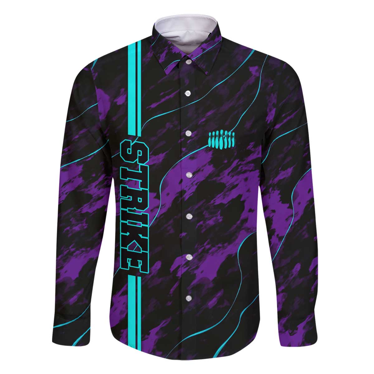 Strike Bowling Graphic Family Matching Off The Shoulder Long Sleeve Dress and Hawaiian Shirt with Purple Black Marble Texture and Custom Team Name - Wonder Print Shop