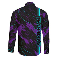 Strike Bowling Graphic Family Matching Off The Shoulder Long Sleeve Dress and Hawaiian Shirt with Purple Black Marble Texture and Custom Team Name - Wonder Print Shop