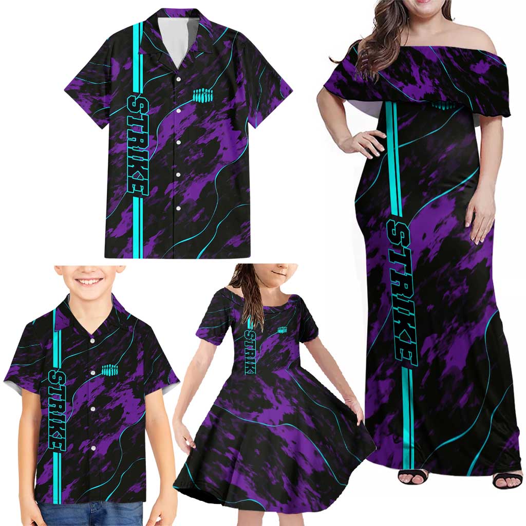 Strike Bowling Graphic Family Matching Off Shoulder Maxi Dress and Hawaiian Shirt with Purple Black Marble Texture and Custom Team Name - Wonder Print Shop