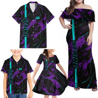 Strike Bowling Graphic Family Matching Off Shoulder Maxi Dress and Hawaiian Shirt with Purple Black Marble Texture and Custom Team Name - Wonder Print Shop
