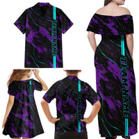 Strike Bowling Graphic Family Matching Off Shoulder Maxi Dress and Hawaiian Shirt with Purple Black Marble Texture and Custom Team Name - Wonder Print Shop