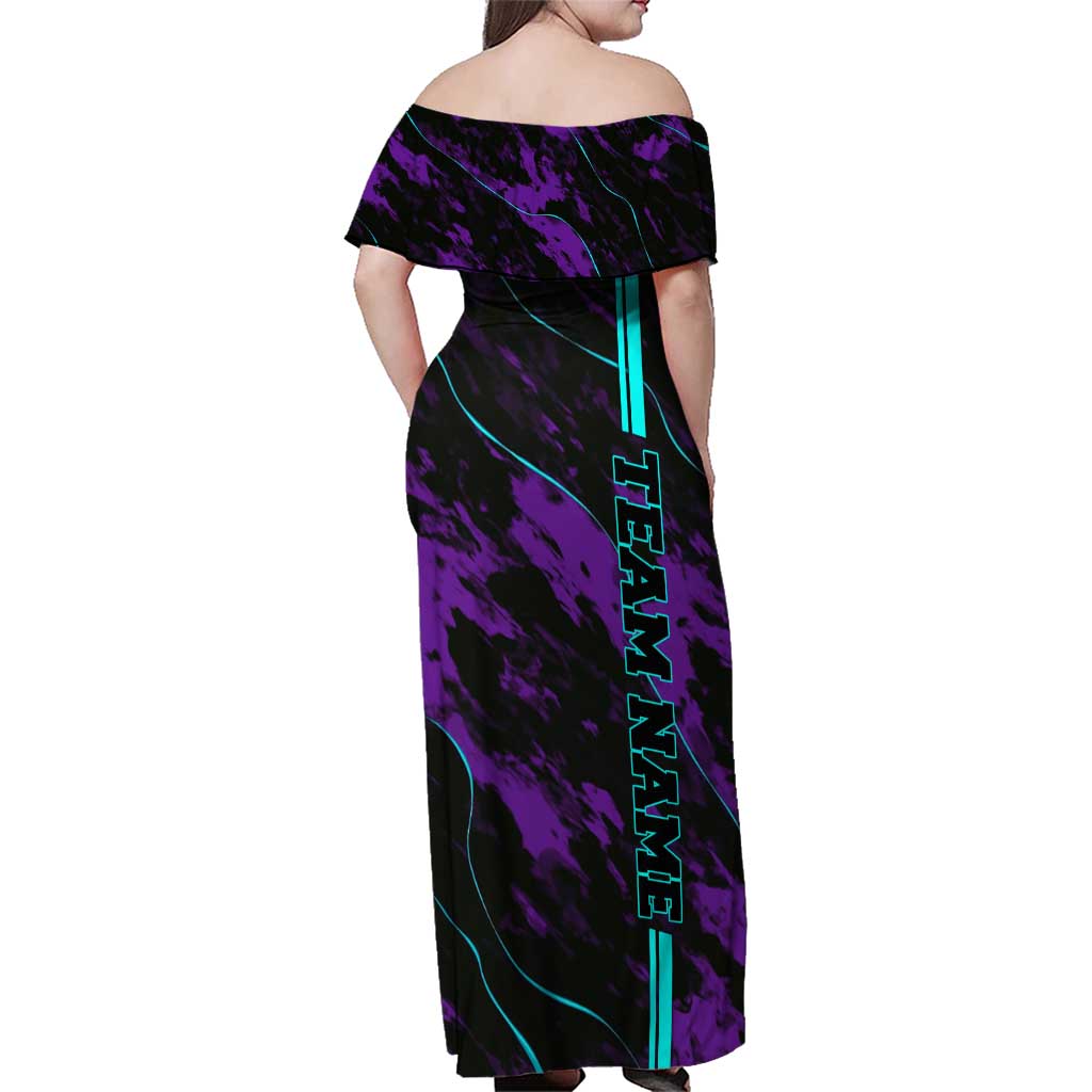 Strike Bowling Graphic Family Matching Off Shoulder Maxi Dress and Hawaiian Shirt with Purple Black Marble Texture and Custom Team Name - Wonder Print Shop