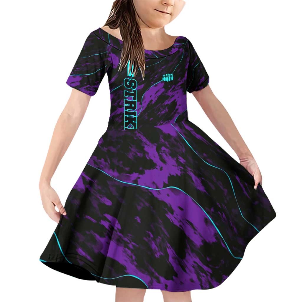 Strike Bowling Graphic Family Matching Off Shoulder Short Dress and Hawaiian Shirt with Purple Black Marble Texture and Custom Team Name - Wonder Print Shop