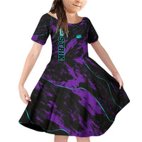Strike Bowling Graphic Family Matching Off Shoulder Short Dress and Hawaiian Shirt with Purple Black Marble Texture and Custom Team Name - Wonder Print Shop