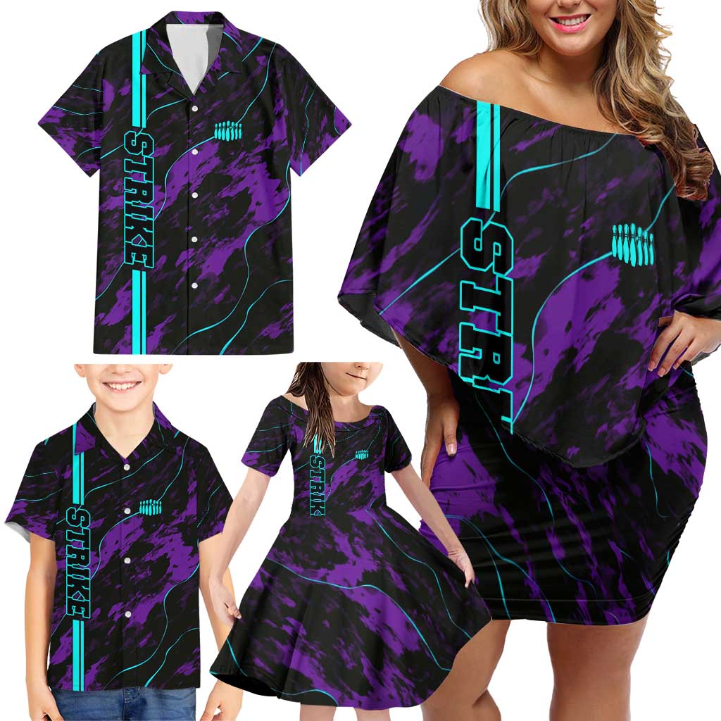 Strike Bowling Graphic Family Matching Off Shoulder Short Dress and Hawaiian Shirt with Purple Black Marble Texture and Custom Team Name - Wonder Print Shop