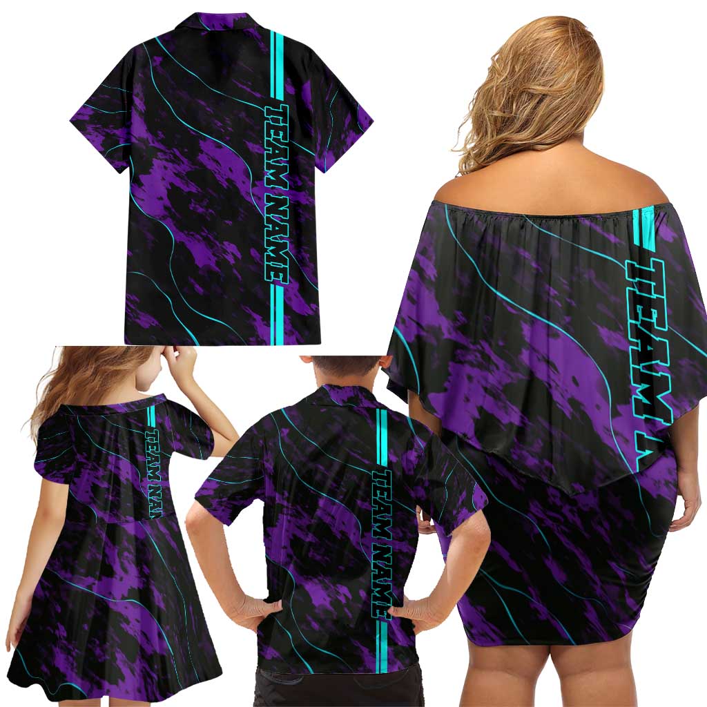 Strike Bowling Graphic Family Matching Off Shoulder Short Dress and Hawaiian Shirt with Purple Black Marble Texture and Custom Team Name - Wonder Print Shop