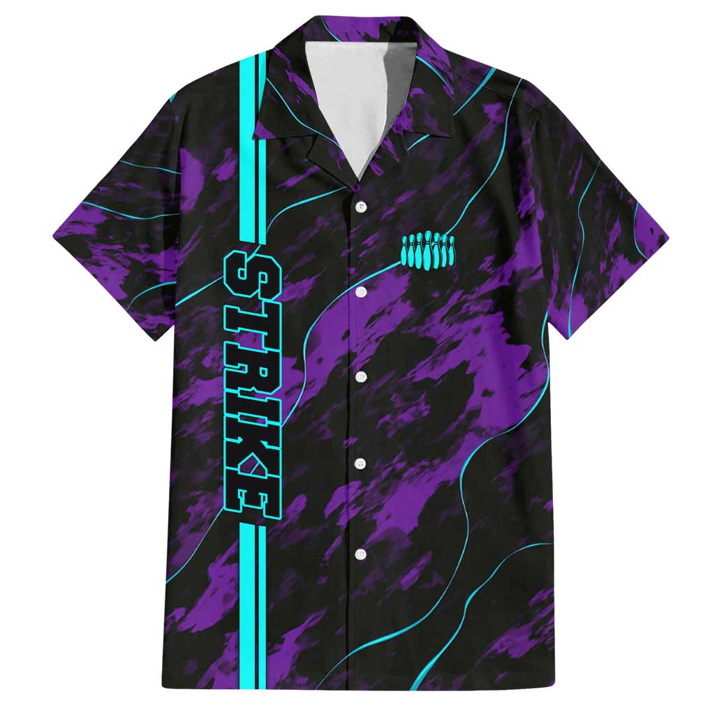 Strike Bowling Graphic Family Matching Off Shoulder Short Dress and Hawaiian Shirt with Purple Black Marble Texture and Custom Team Name - Wonder Print Shop