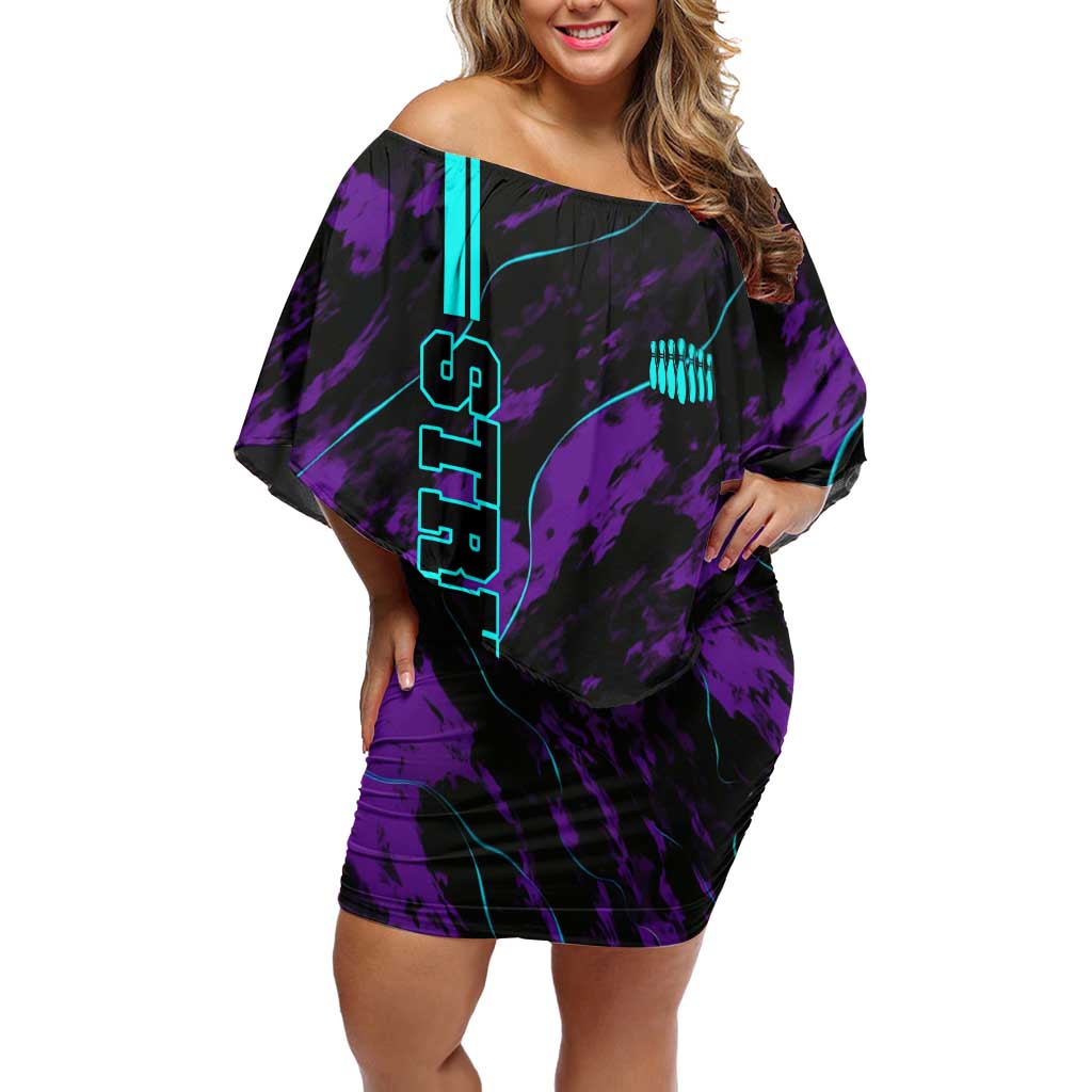 Strike Bowling Graphic Family Matching Off Shoulder Short Dress and Hawaiian Shirt with Purple Black Marble Texture and Custom Team Name - Wonder Print Shop