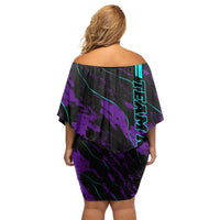 Strike Bowling Graphic Family Matching Off Shoulder Short Dress and Hawaiian Shirt with Purple Black Marble Texture and Custom Team Name - Wonder Print Shop