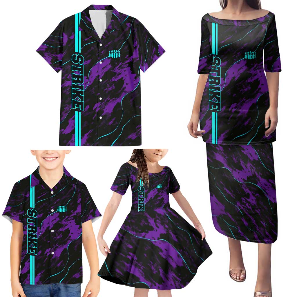 Strike Bowling Graphic Family Matching Puletasi and Hawaiian Shirt with Purple Black Marble Texture and Custom Team Name - Wonder Print Shop