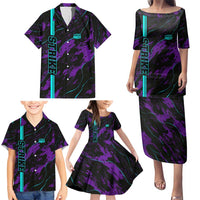 Strike Bowling Graphic Family Matching Puletasi and Hawaiian Shirt with Purple Black Marble Texture and Custom Team Name - Wonder Print Shop