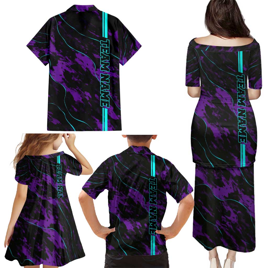 Strike Bowling Graphic Family Matching Puletasi and Hawaiian Shirt with Purple Black Marble Texture and Custom Team Name - Wonder Print Shop