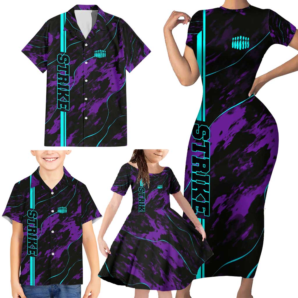 Strike Bowling Graphic Family Matching Short Sleeve Bodycon Dress and Hawaiian Shirt with Purple Black Marble Texture and Custom Team Name - Wonder Print Shop