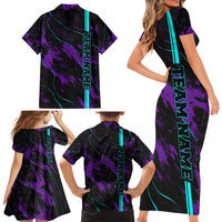 Strike Bowling Graphic Family Matching Short Sleeve Bodycon Dress and Hawaiian Shirt with Purple Black Marble Texture and Custom Team Name - Wonder Print Shop