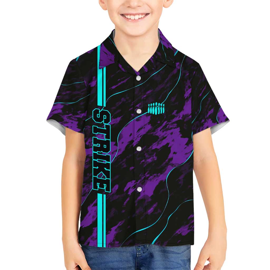 Strike Bowling Graphic Family Matching Summer Maxi Dress and Hawaiian Shirt with Purple Black Marble Texture and Custom Team Name - Wonder Print Shop